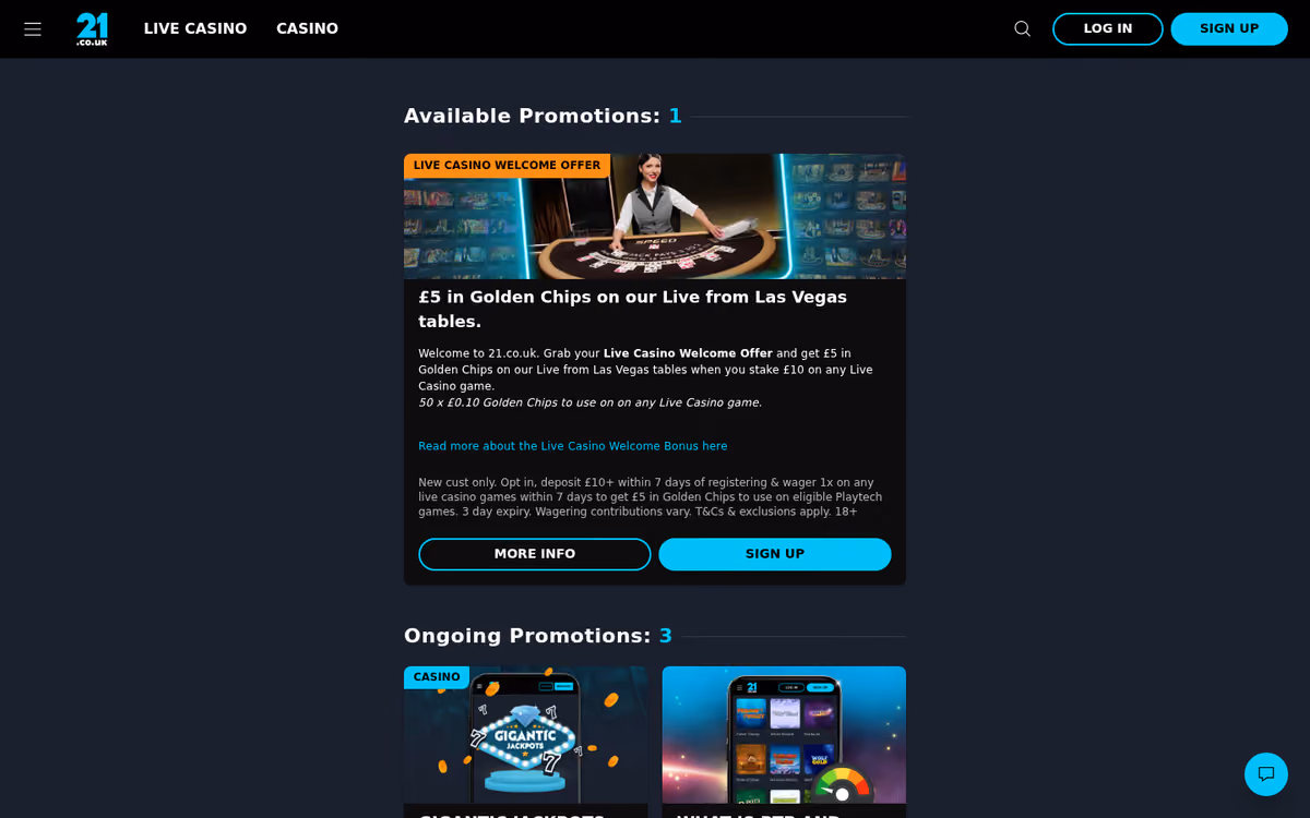 21.co.uk promotions page showing £5 in golden chips on live from las vegas tables
