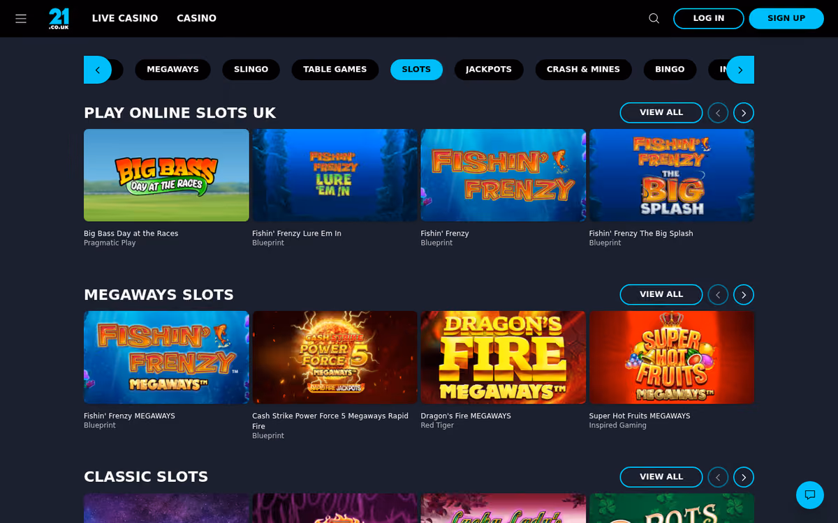 21.co.uk slots page showing the game library