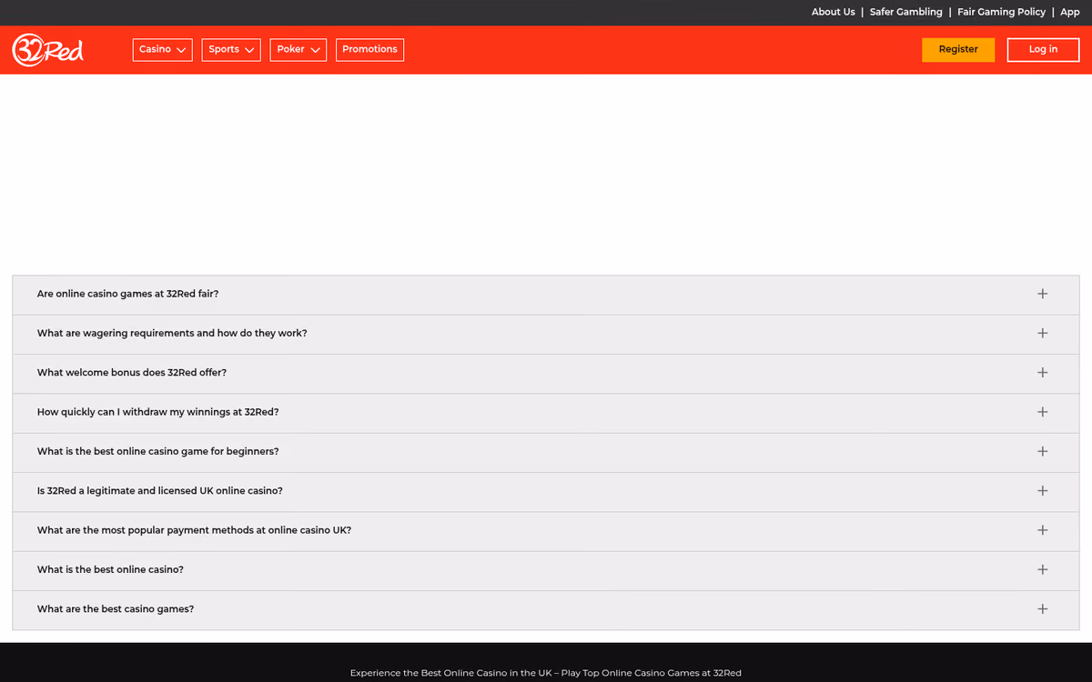32Red homepage showing the site navigation and its logged-out FAQ section