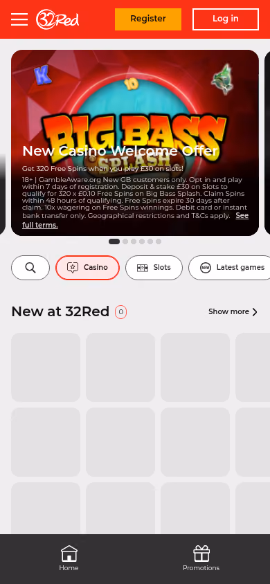 32Red mobile homepage showing the 320 free spins welcome offer with its full terms printed beneath