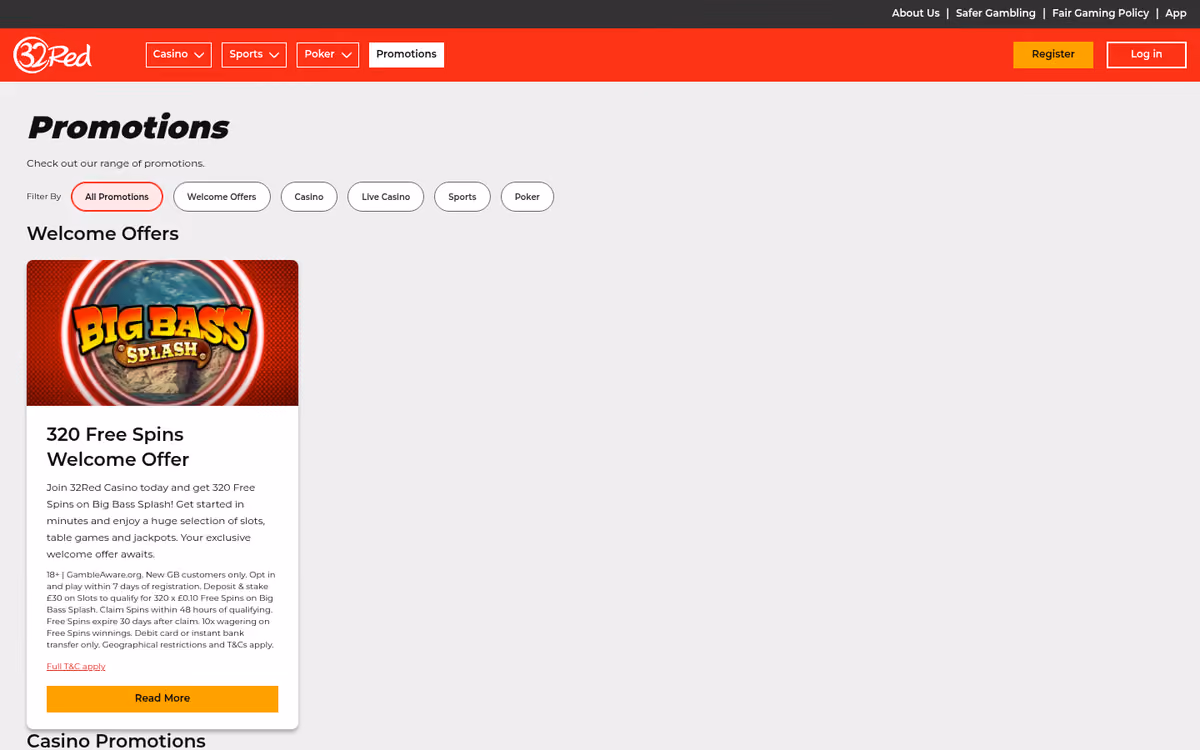 32Red promotions page showing the 320 free spins welcome offer with full terms