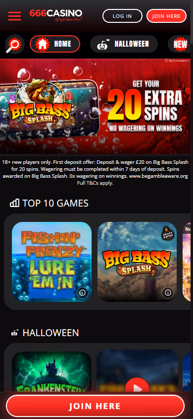 666 Casino homepage at mobile width with the twenty extra spins banner