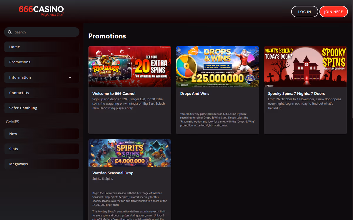 666 Casino promotions page showing the welcome offer tile beside Drops and Wins and seasonal promotions