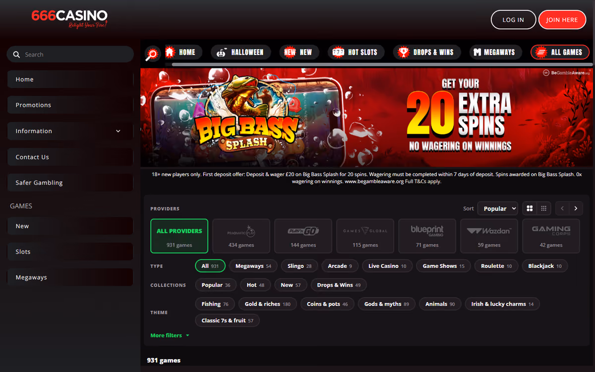 666 Casino games page with a provider filter listing nine studios and a game count beside each