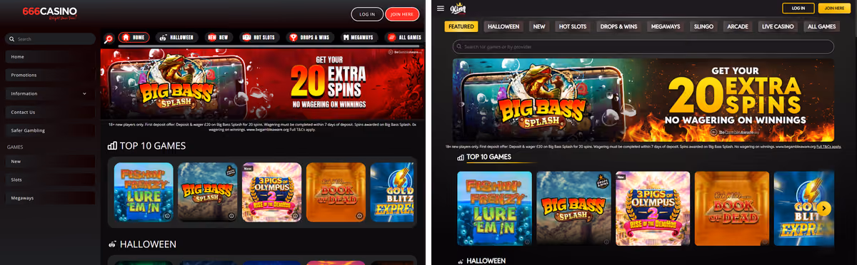 666 Casino and King Casino homepages side by side, showing the same Big Bass Splash offer banner and the same five games