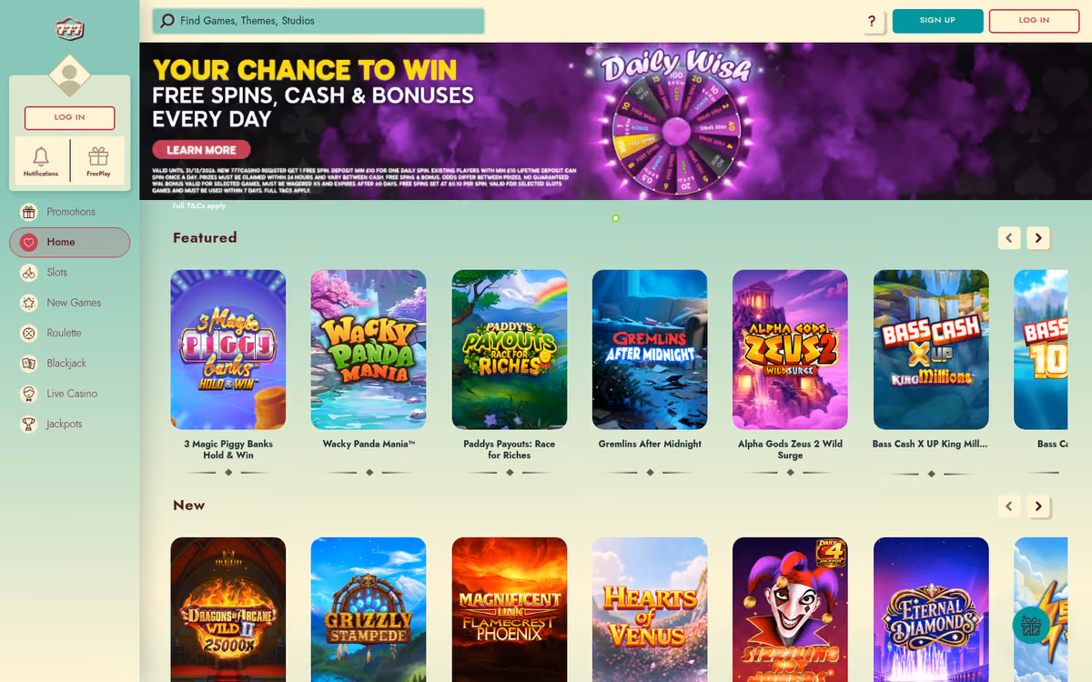777 casino homepage showing the retro cream and teal theme over the same lobby structure as 888 Casino