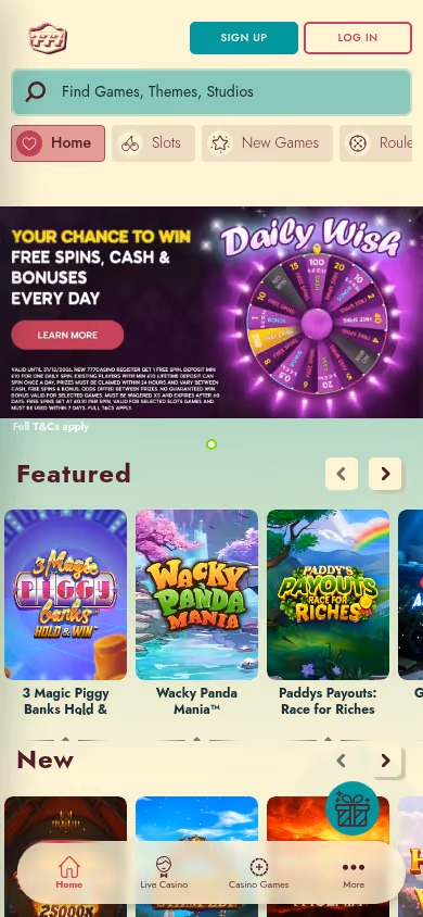 777 casino on a mobile viewport showing the same lobby structure as desktop
