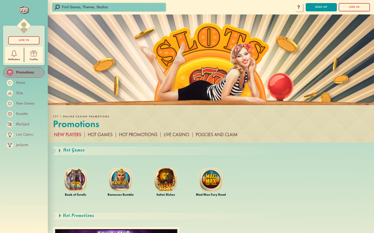 777 promotions page showing the New Players, Hot Games and Hot Promotions sections