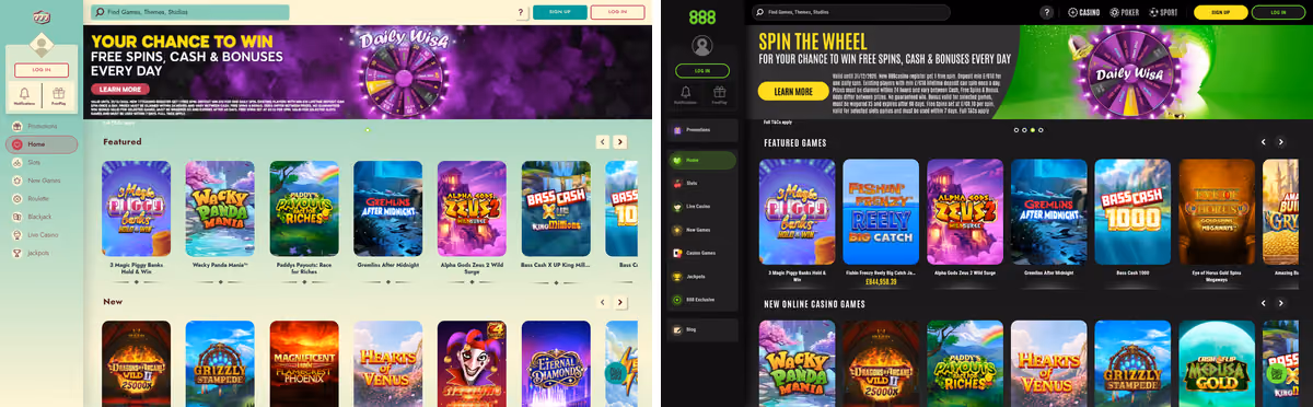 777 and 888 Casino side by side showing the identical sidebar and search placeholder behind different themes
