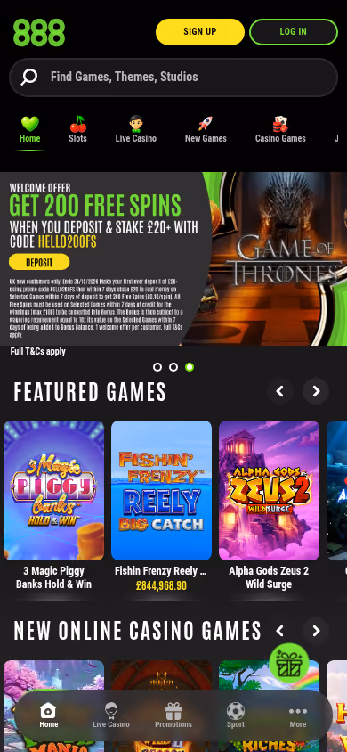 888 Casino on a mobile viewport showing the same lobby structure as the desktop site