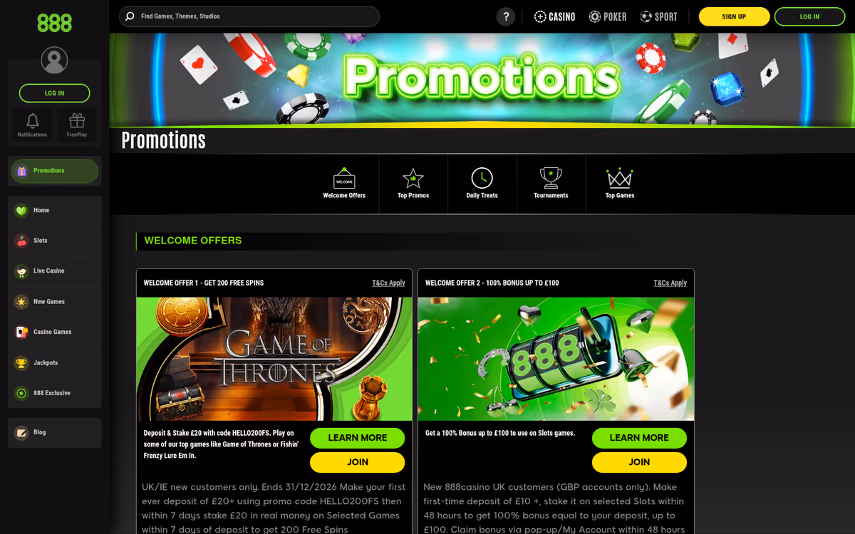 888 Casino promotions page showing the 200 free spins and 100 percent match welcome offers with their terms