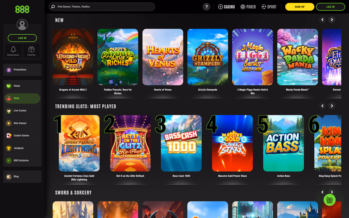 888 Casino slots lobby showing game tiles and category filters