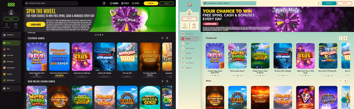 888 Casino and 777 side by side showing the identical sidebar layout behind different colour schemes