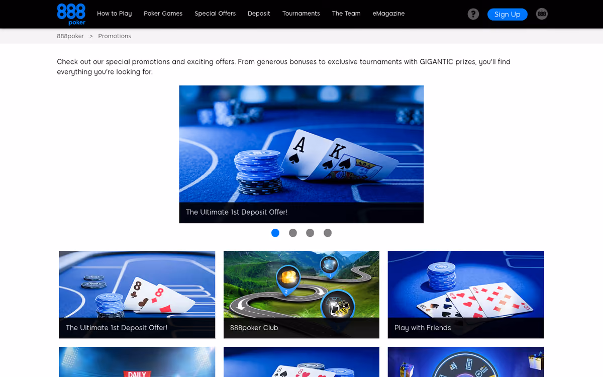 888 Poker promotions hub listing offers by name without published terms