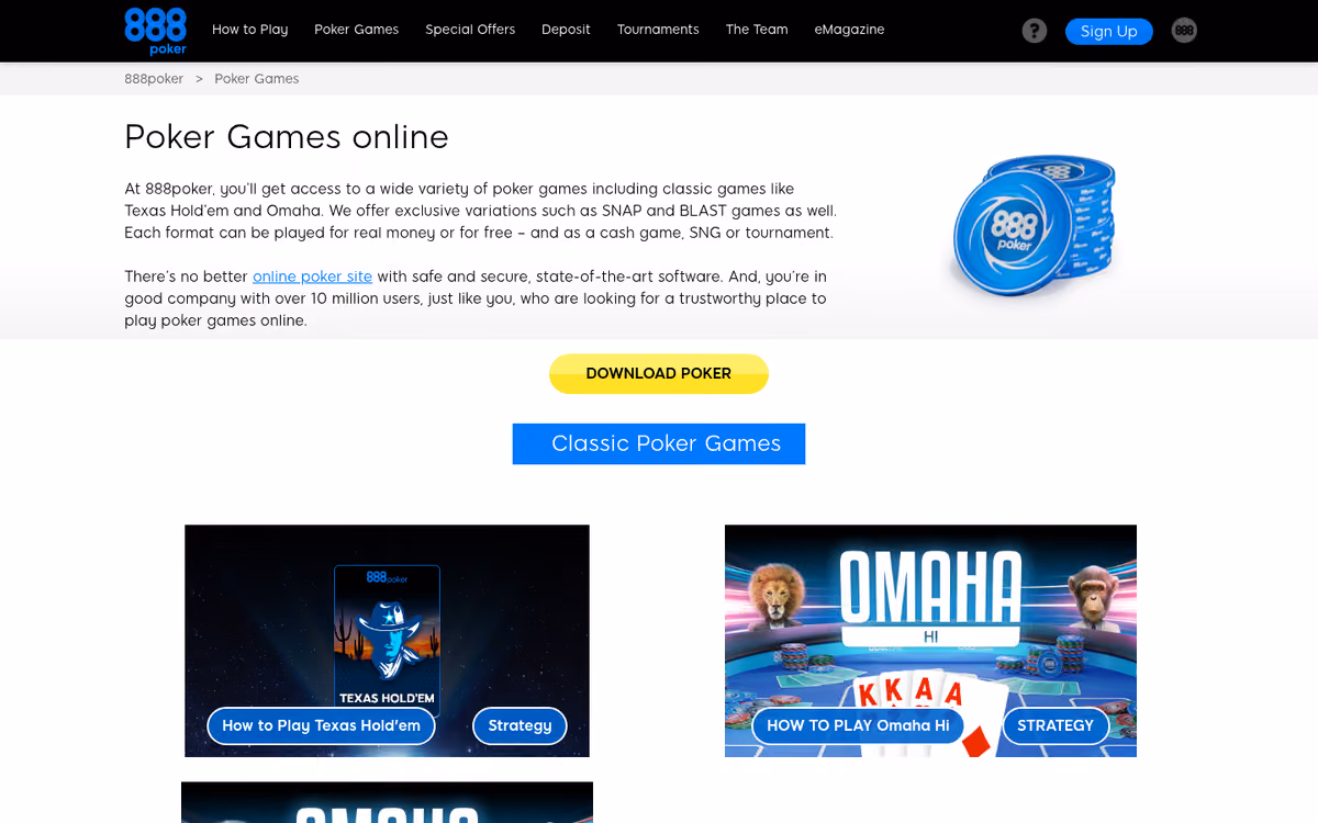 888 Poker games area showing tournament and cash game navigation