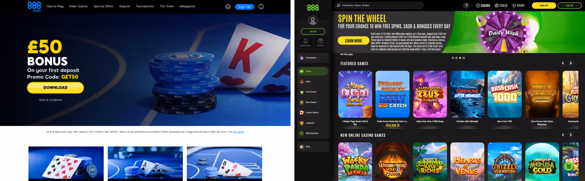 888 Poker beside 888 Casino showing how differently the two brands present despite sharing a licence