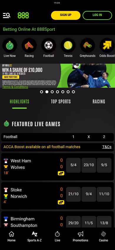888 Sport on a mobile viewport showing the sportsbook navigation