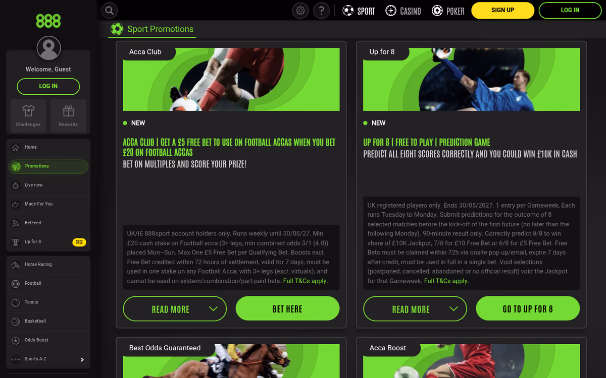 888 Sport promotions page showing Acca Club and Up for 8 with their full qualifying terms