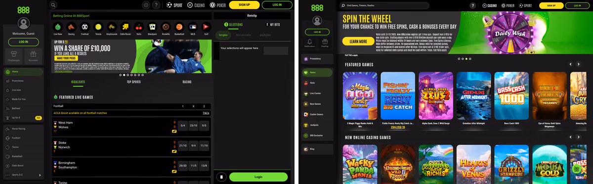 888 Sport beside 888 Casino showing the shared interface shell across a sportsbook and a casino