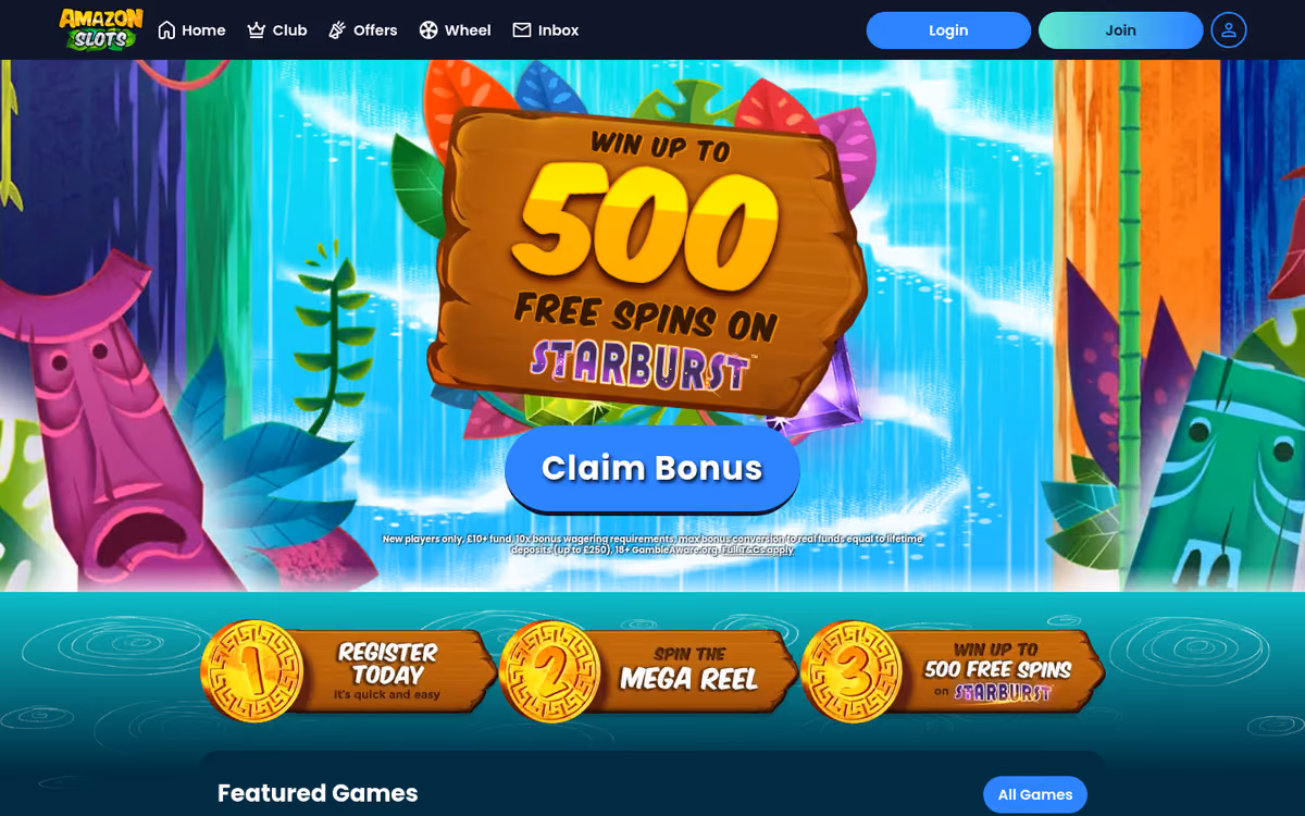 Amazon Slots homepage with a jungle waterfall scene, a wooden sign reading Win up to 500 Free Spins on Starburst, and a three-step strip beneath it