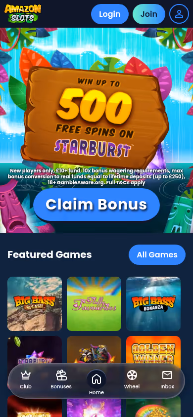 Amazon Slots homepage at mobile width showing the jungle hero and the free spins offer