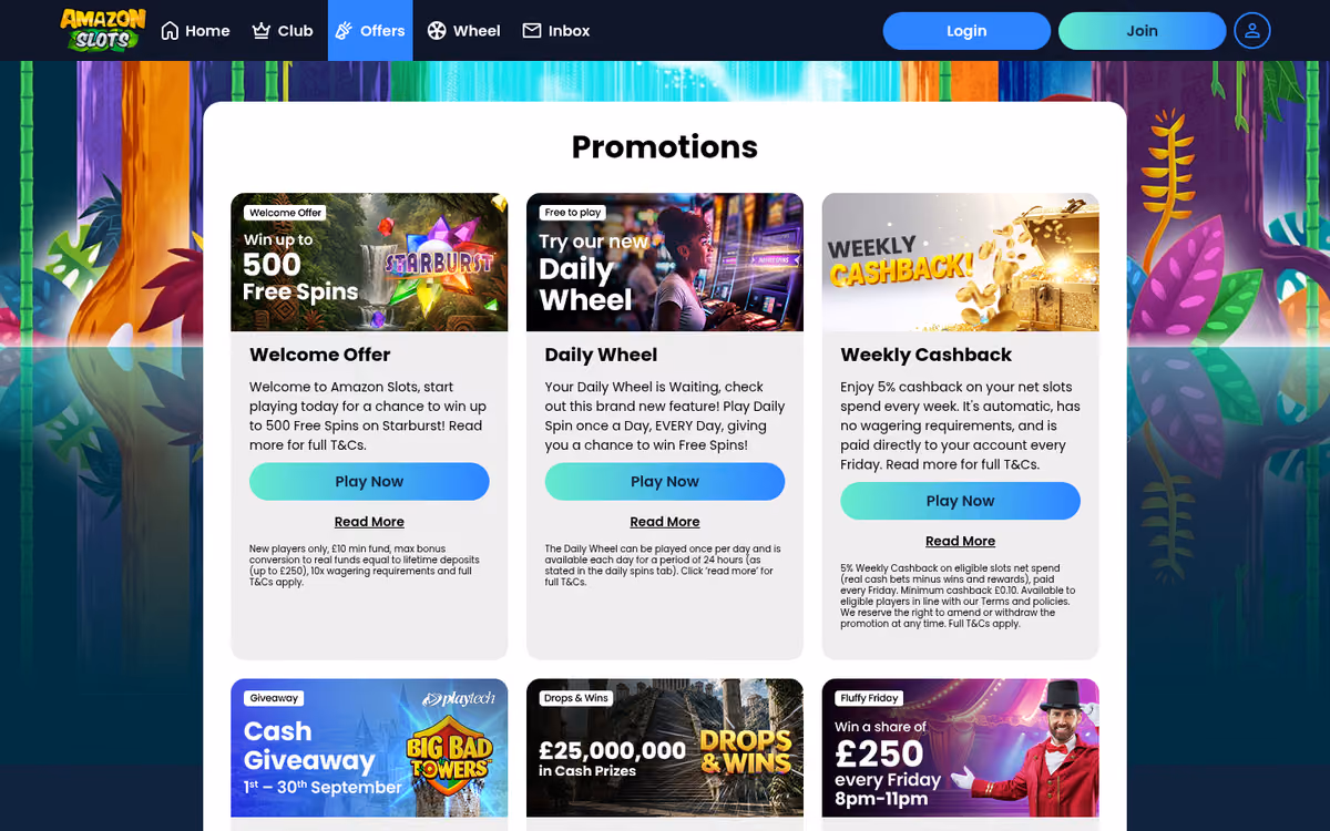 Amazon Slots promotions page showing six offer tiles including the welcome offer, Daily Wheel and Weekly Cashback