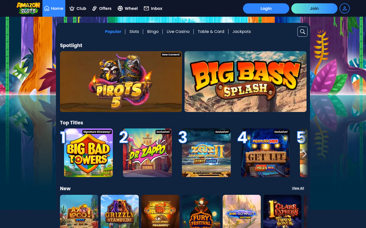 Amazon Slots games lobby with Popular, Slots, Bingo, Live Casino, Table and Card and Jackpots tabs above a Spotlight row and a numbered Top Titles row