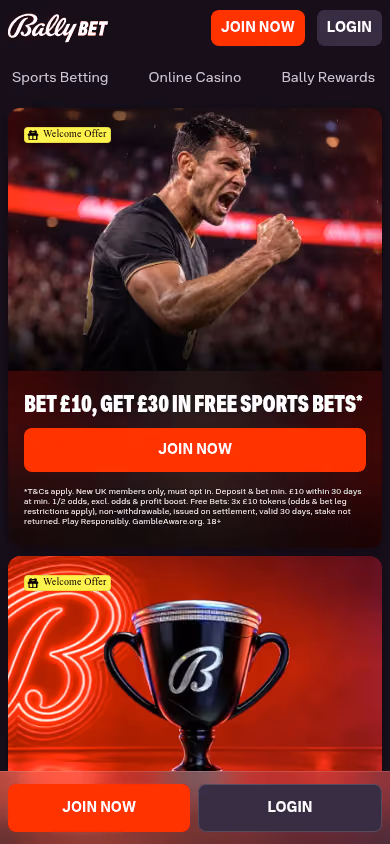 Bally Casino homepage at mobile width