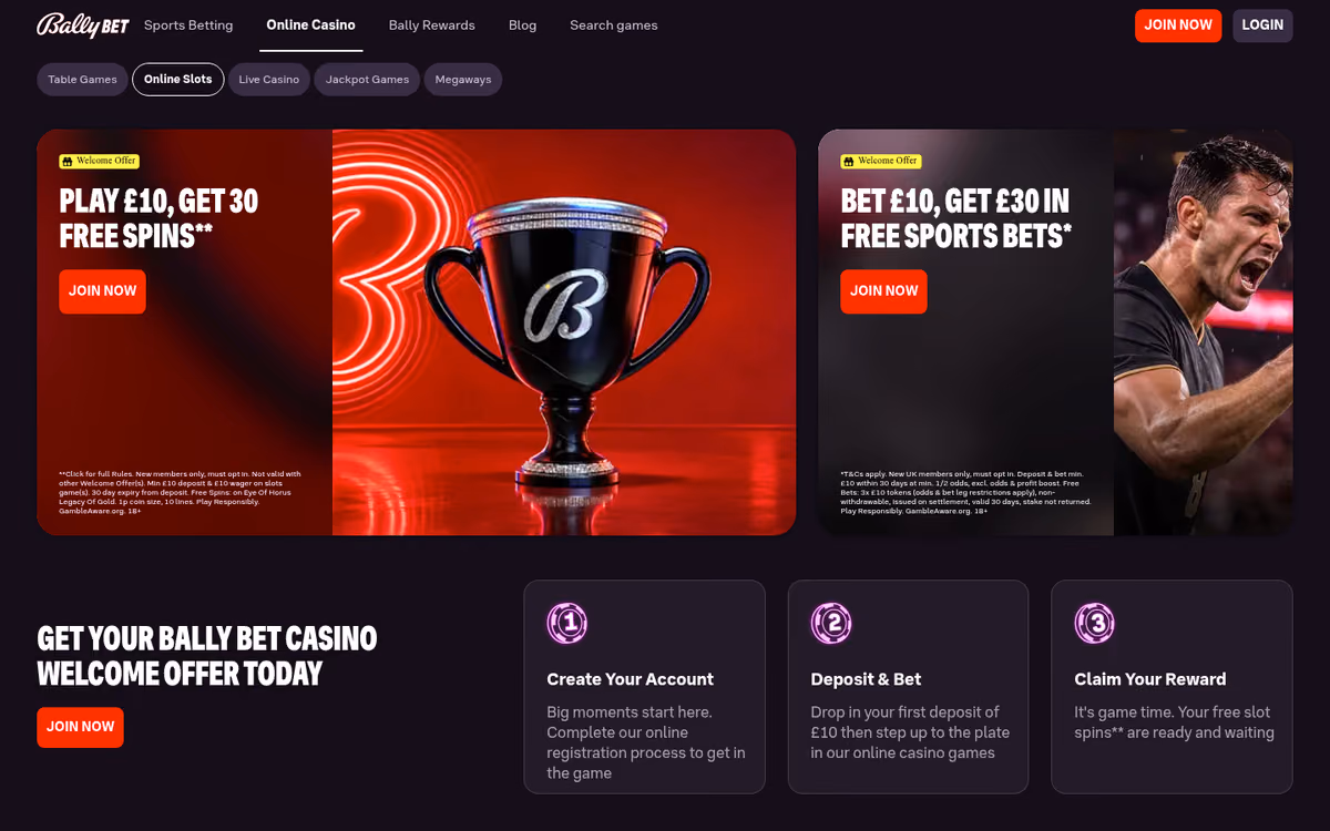 Bally Casino slots lobby with jackpot and Megaways games