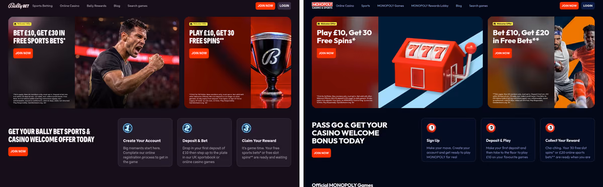 Bally Casino beside MONOPOLY Casino, the two Gamesys sportsbooks