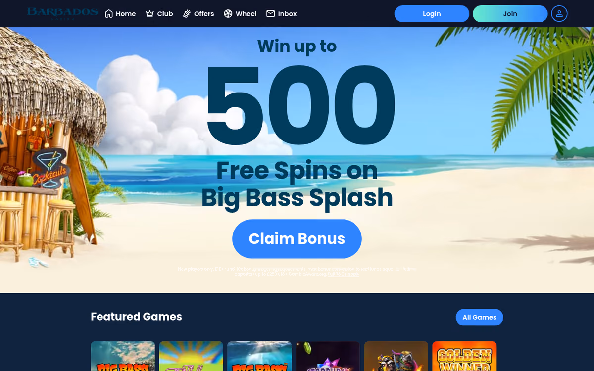 Barbados Casino sister sites evidence: the Barbados Casino homepage showing the Win up to 500 Free Spins on Big Bass Splash hero