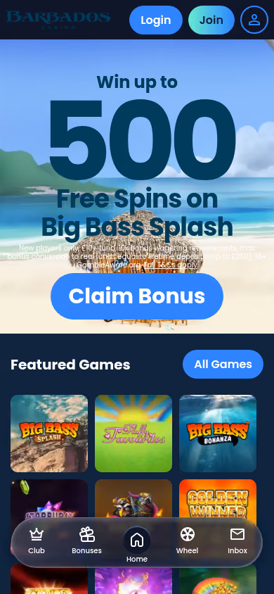 Barbados Casino mobile homepage at a 390 by 844 viewport