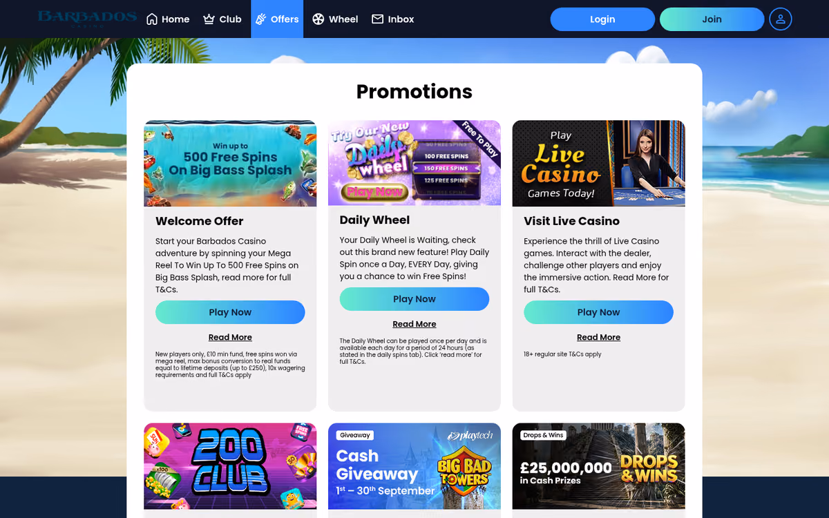 Barbados Casino promotions page showing the shared Jumpman network campaigns