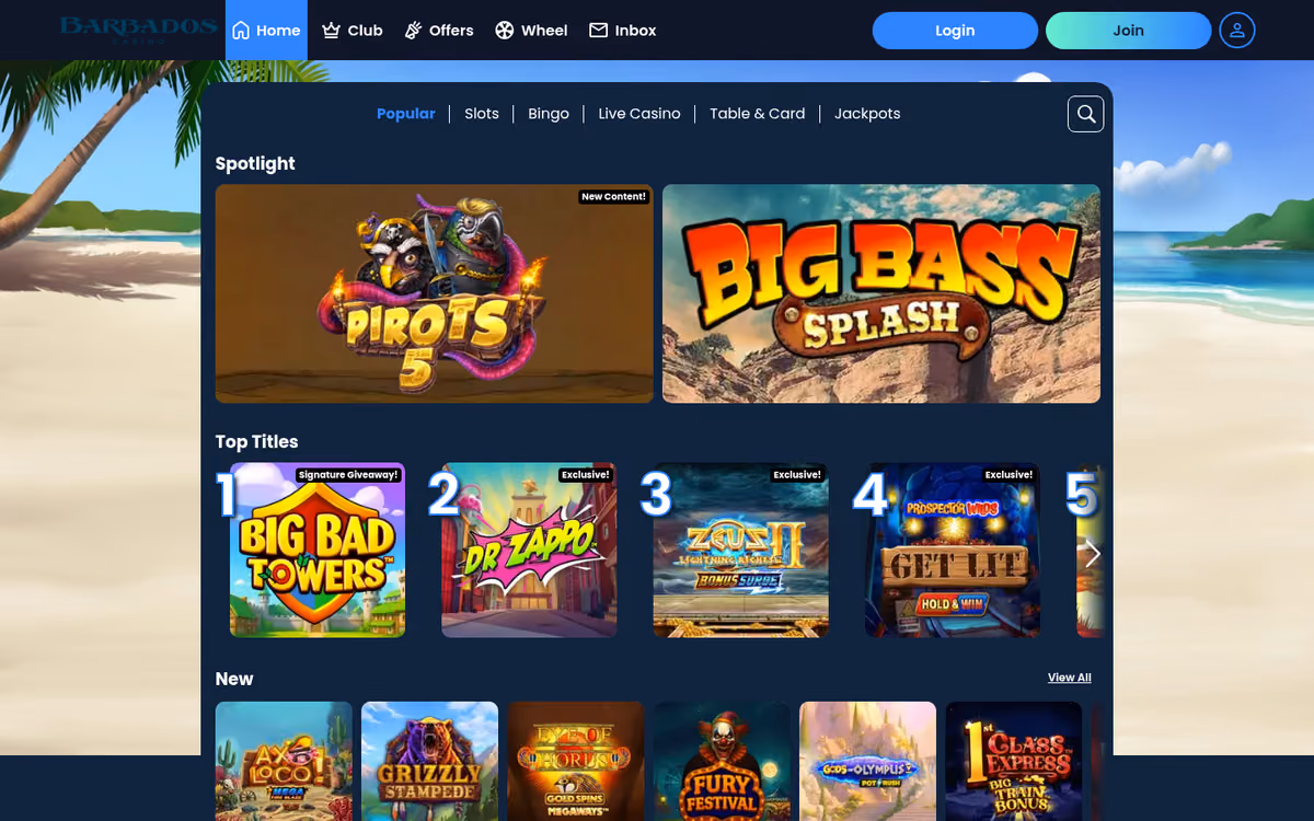 Barbados Casino all games lobby showing the featured slots shelf