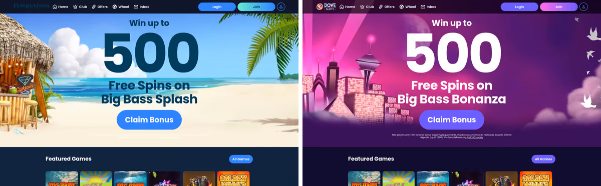 Barbados Casino sister sites proof: Barbados beside Dove Slots showing the shared Jumpman Gaming platform