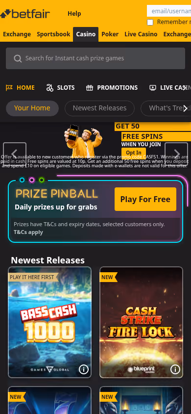 Betfair Casino homepage on mobile showing the casino navigation and game rails