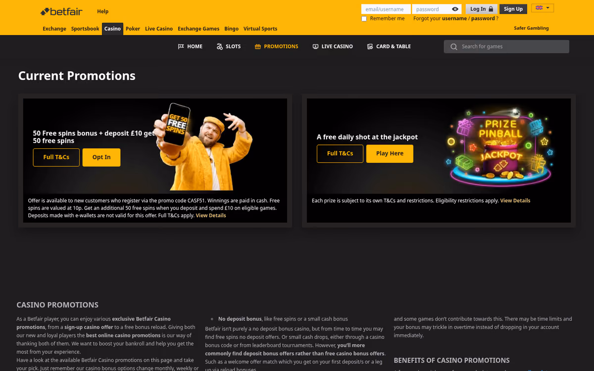 Betfair Casino promotions page showing current casino offers