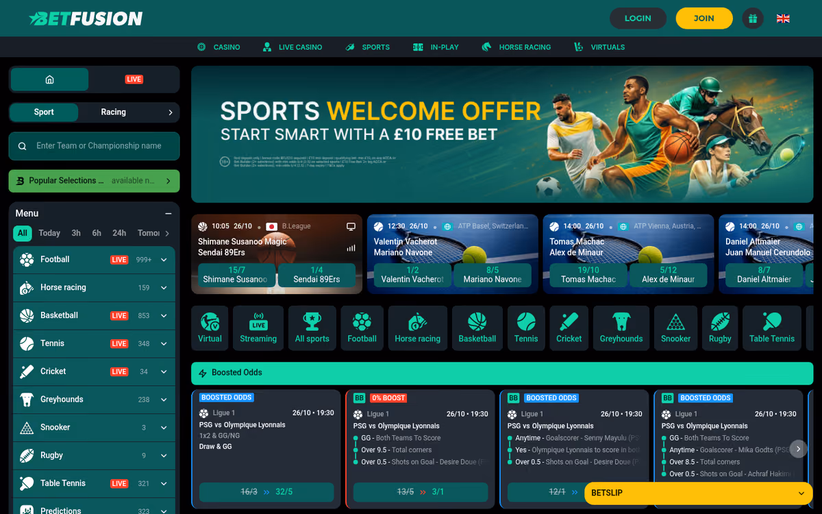BetFusion homepage led by a sports welcome offer banner for a ten pound free bet, with a sportsbook sidebar and live odds