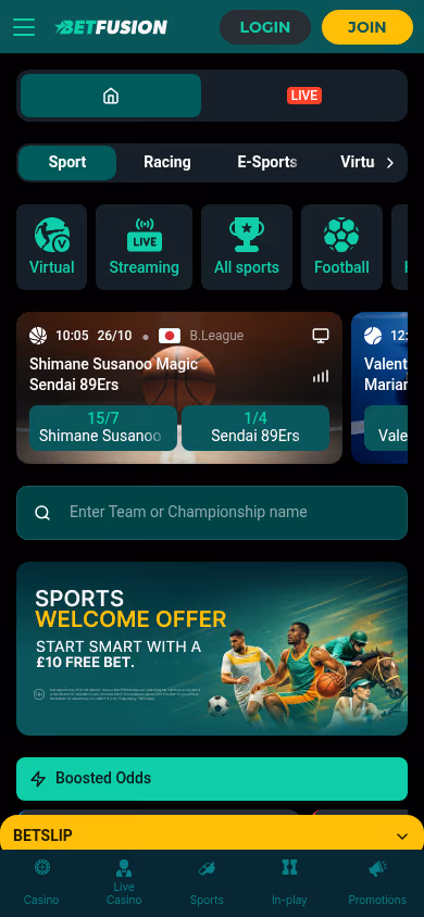 BetFusion homepage at mobile width showing the sports-led layout