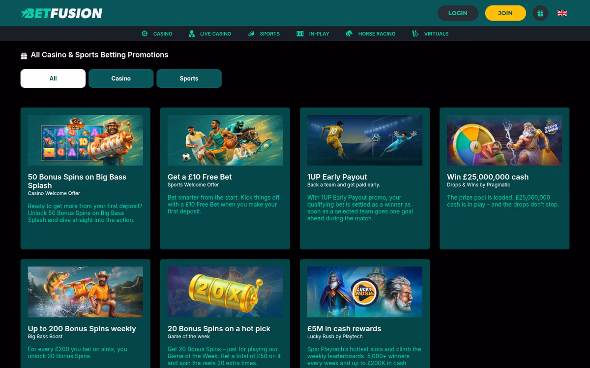 BetFusion promotions page showing seven offer tiles across All, Casino and Sports tabs