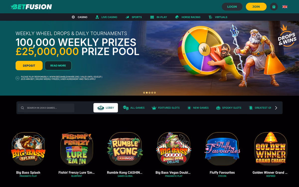 BetFusion casino lobby with a Drops and Wins banner, a search box reading Search in 2043 games and six game tiles