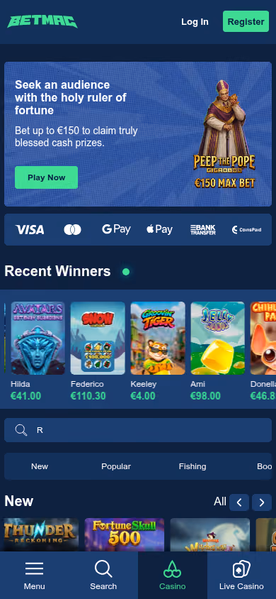 Betmac mobile homepage with a bottom tab bar reading Menu, Search, Casino and Live Casino