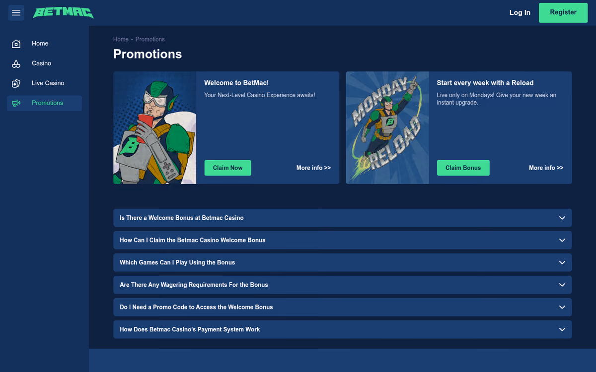 Betmac promotions page showing a welcome tile with no figure and a Monday Reload tile