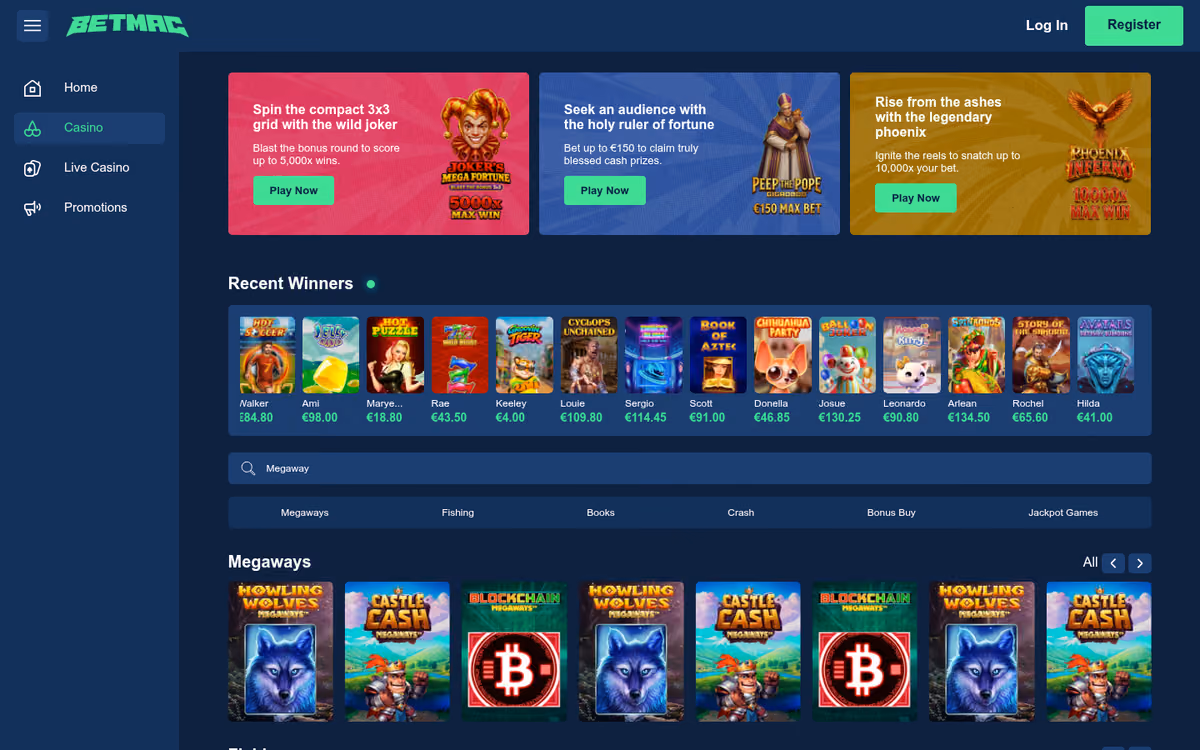 Betmac casino lobby showing a Megaways rail in which three game titles repeat to fill the row