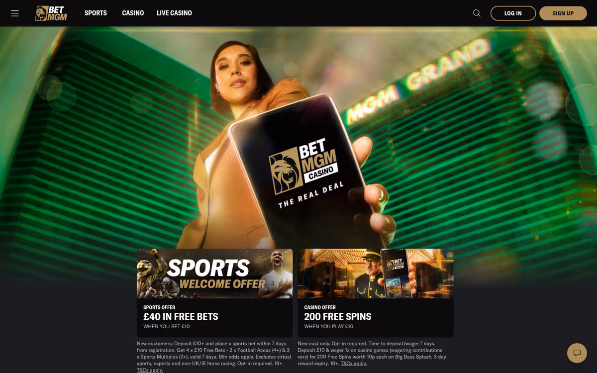 BetMGM homepage showing the Sports, Casino, Live Casino navigation and welcome offer