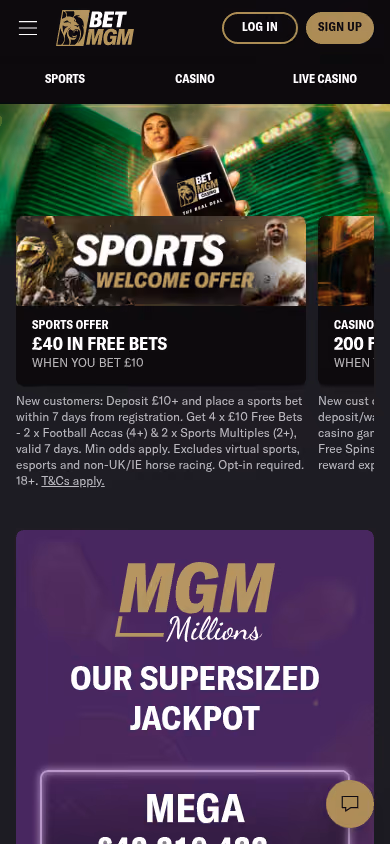 BetMGM homepage on mobile showing the responsive layout
