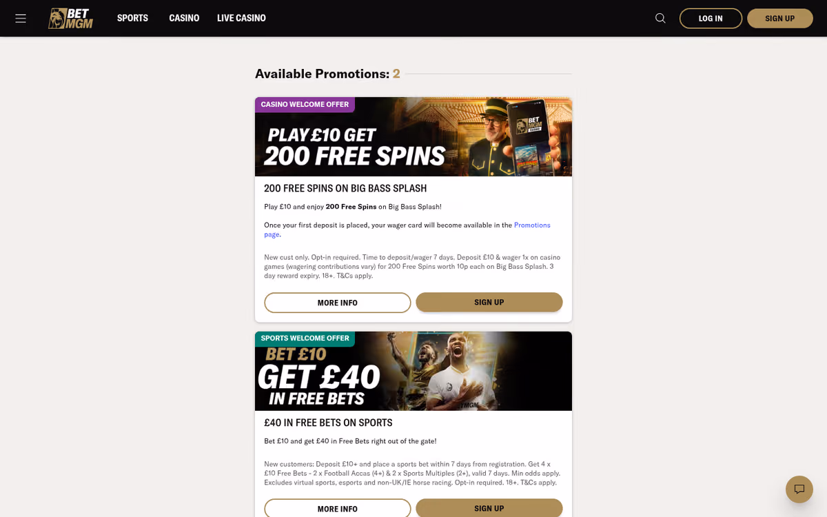 BetMGM promotions page showing 200 free spins on big bass splash