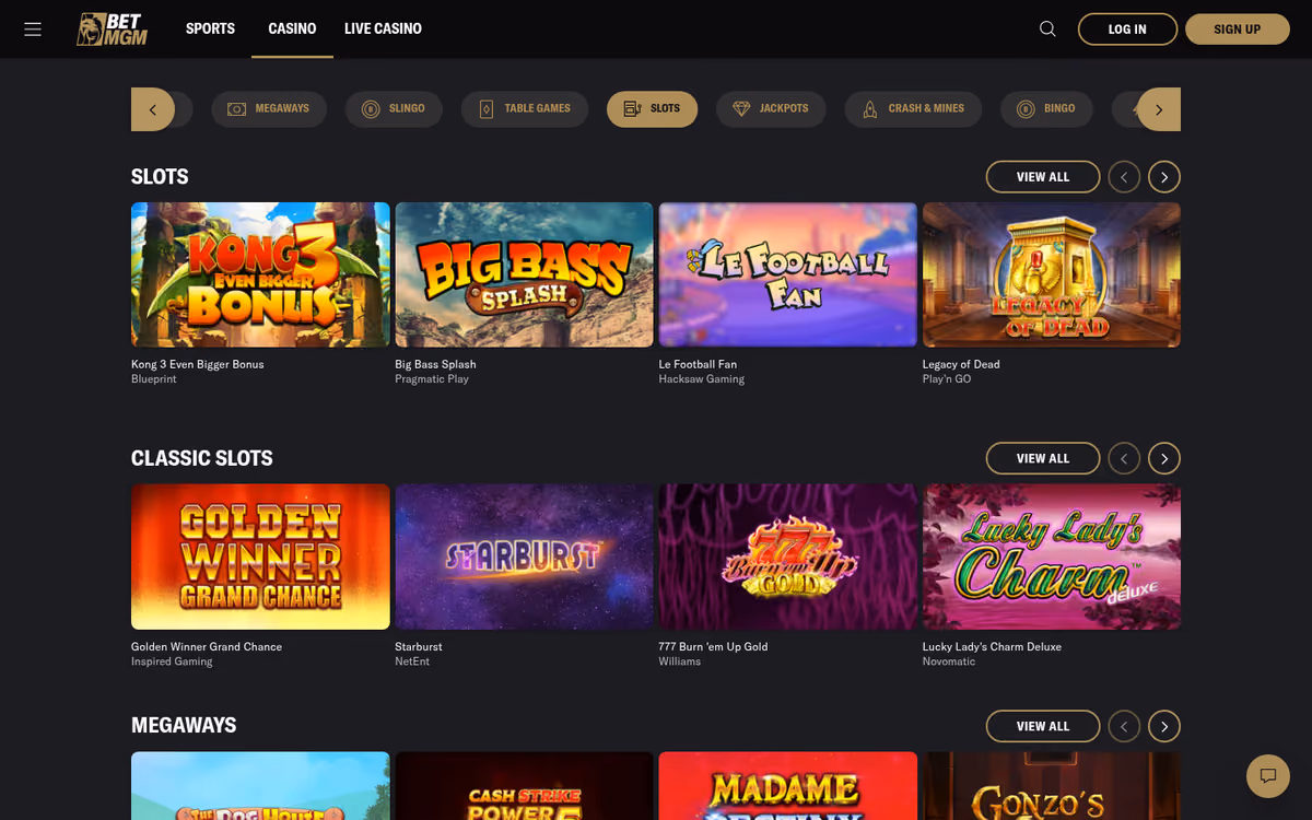 BetMGM slots page showing the game library