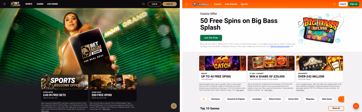 BetMGM and LeoVegas homepages side by side showing the shared LeoVegas Group platform