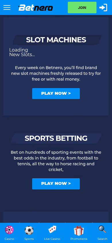 BetNero homepage at mobile width with the sidebar navigation collapsed